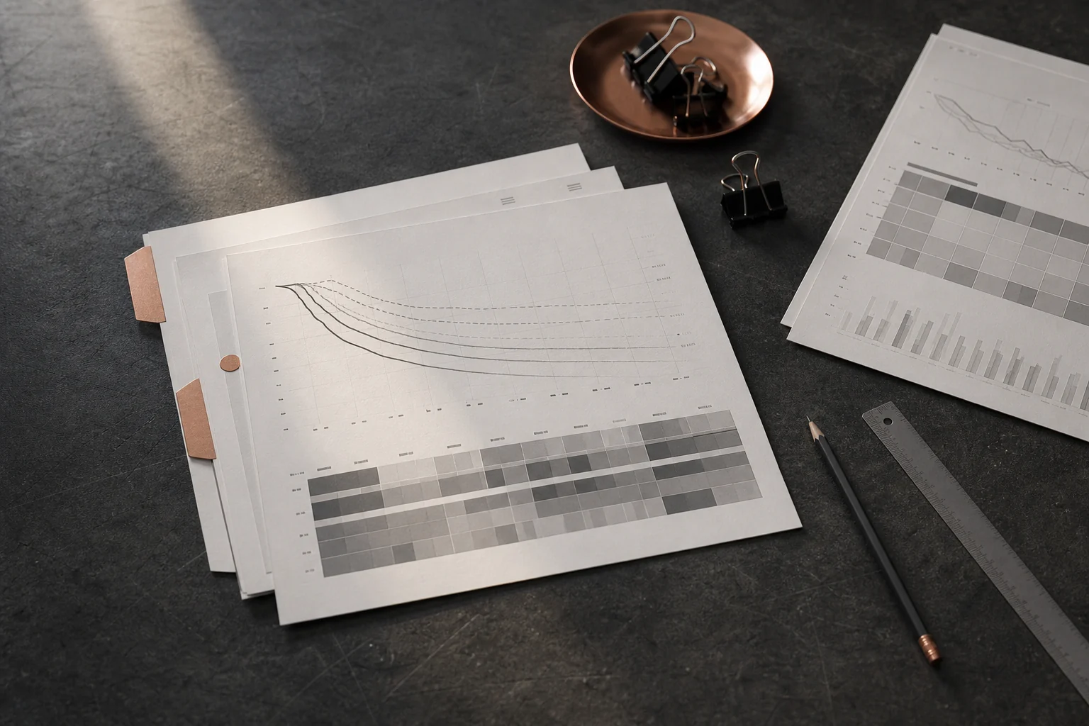 Editorial work scene focused on investment research and review